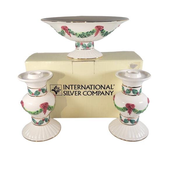 Holiday Candy Dish, 2 Candle Holders International Silver Co Ivory Gold Trim - Picture 1 of 16